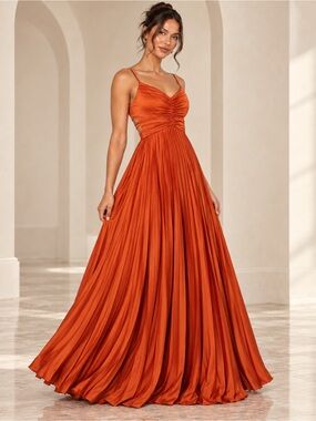 NEW Petal & Pup Naira Pleated Maxi Dress Sunset Orange Satin Formal Cocktail Gow